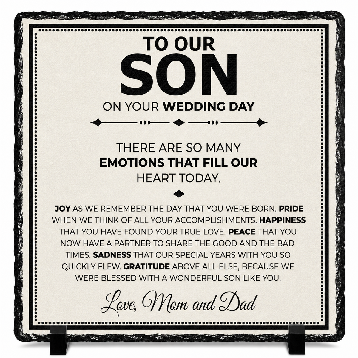 To Our Son Wedding Day Gift – From Mom and Dad Rock Slate Plaque | Sentimental Wedding Gift for Son, Parents to Groom Keepsake (20x20cm)