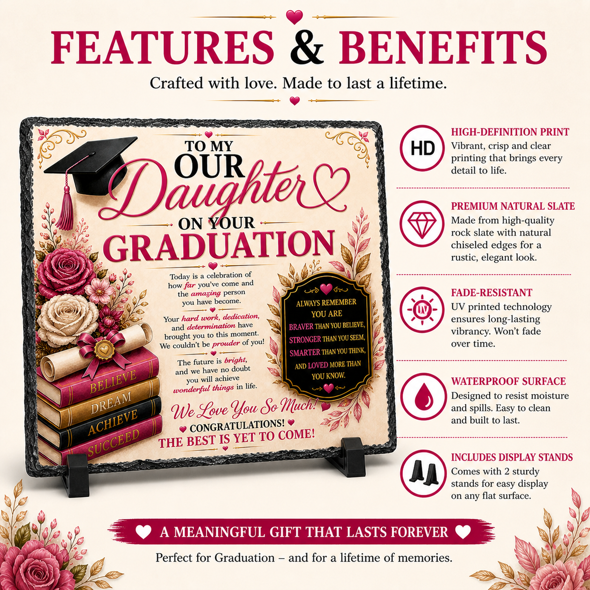 Graduation Gift for Daughter Rock Slate – To Our Daughter Graduation Keepsake, Proud Parents Gift, Class of 2026 Gift, Inspirational Love Plaque