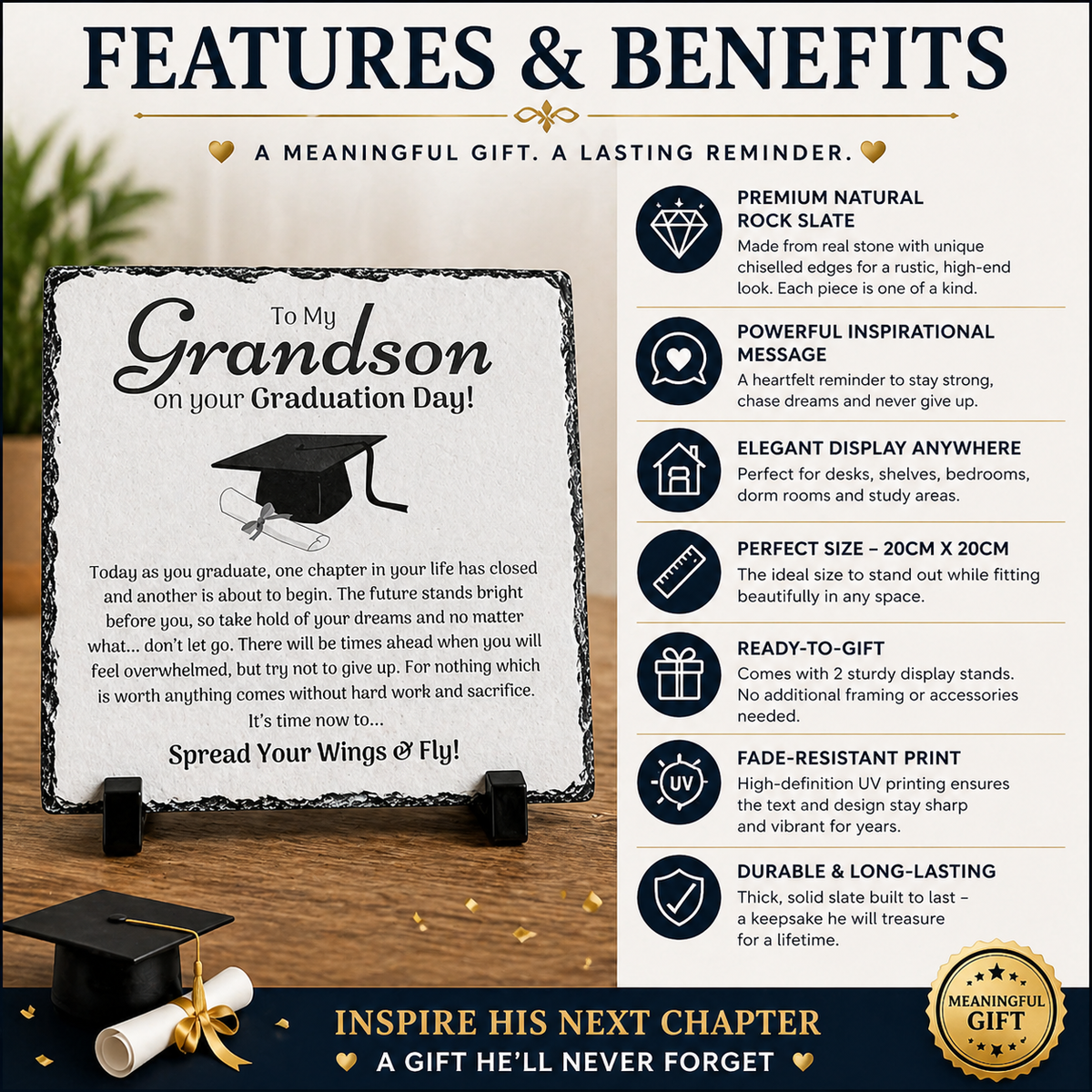 To My Grandson Graduation Gift Rock Slate – 20cm x 20cm Keepsake Plaque | Inspirational Gift for Grandson | Graduation Gift South Africa