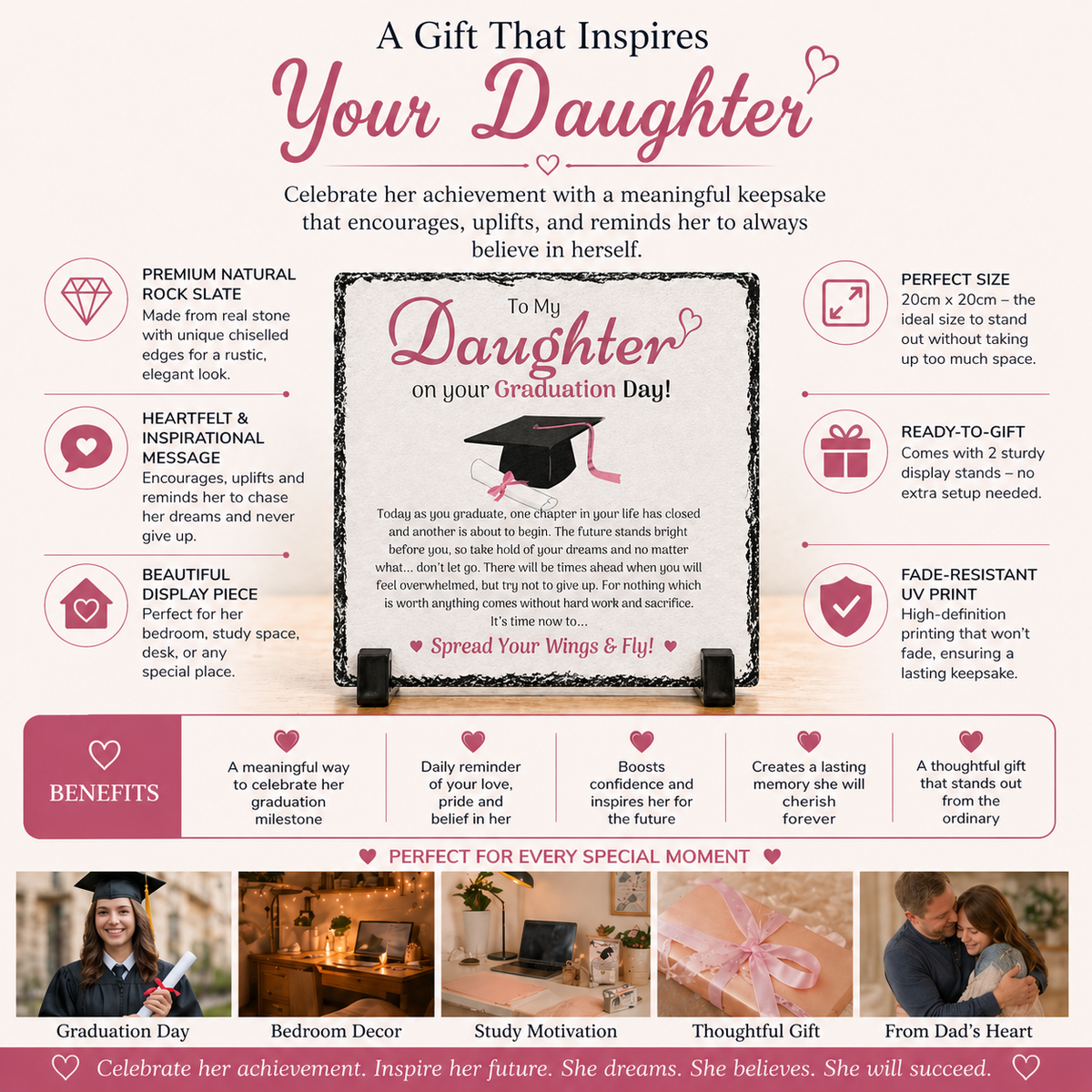 To My Daughter Graduation Gift Rock Slate – 20cm x 20cm Inspirational Keepsake Plaque | Meaningful Gift for Daughter | Unique Gift South Africa