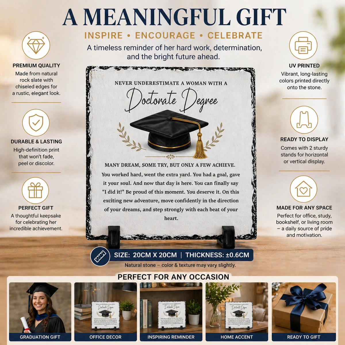 PhD Graduation Gift for Women – Doctorate Degree Rock Slate Plaque (20cm x 20cm) | Inspirational Keepsake Gift for Her | Unique Graduation Gift South Africa