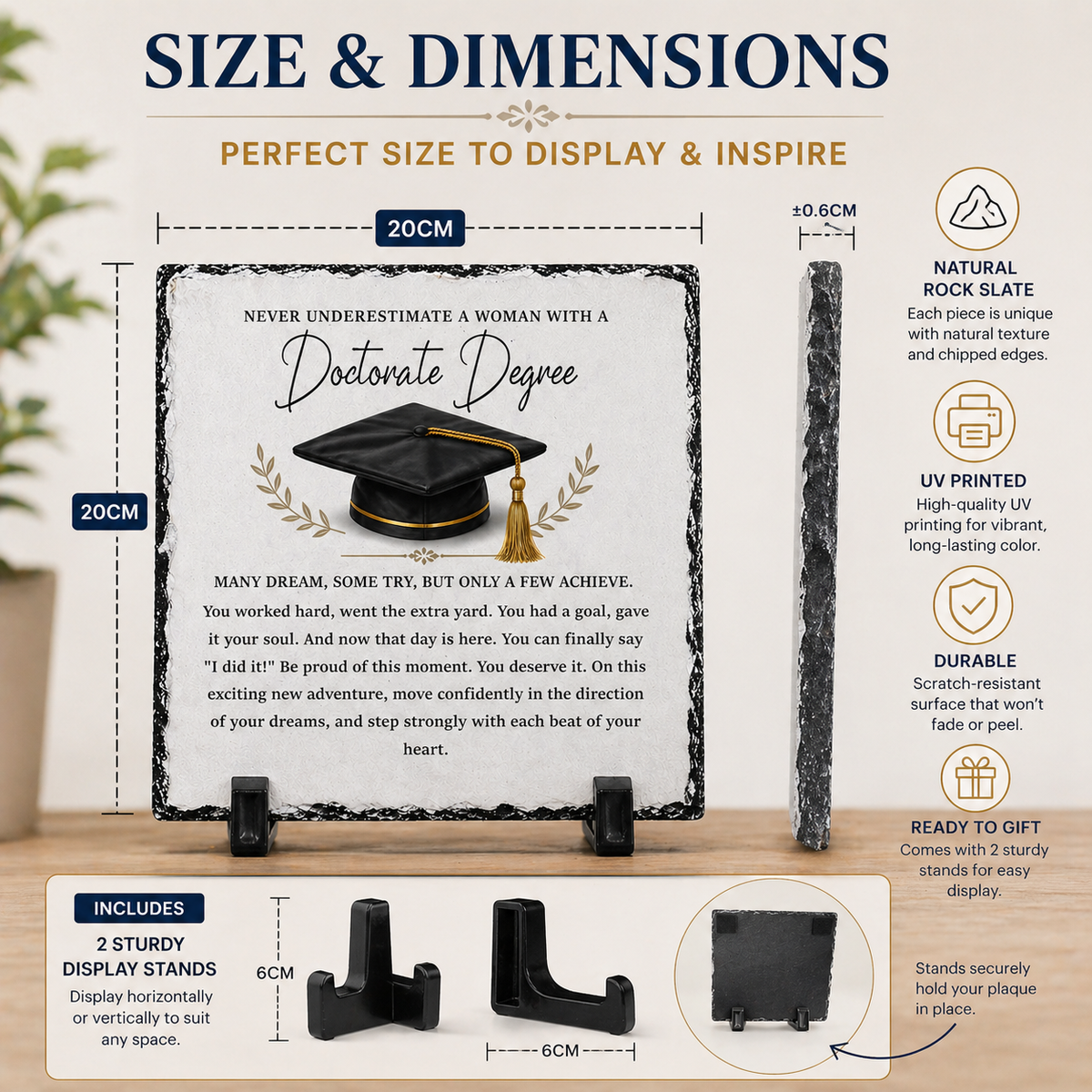 PhD Graduation Gift for Women – Doctorate Degree Rock Slate Plaque (20cm x 20cm) | Inspirational Keepsake Gift for Her | Unique Graduation Gift South Africa