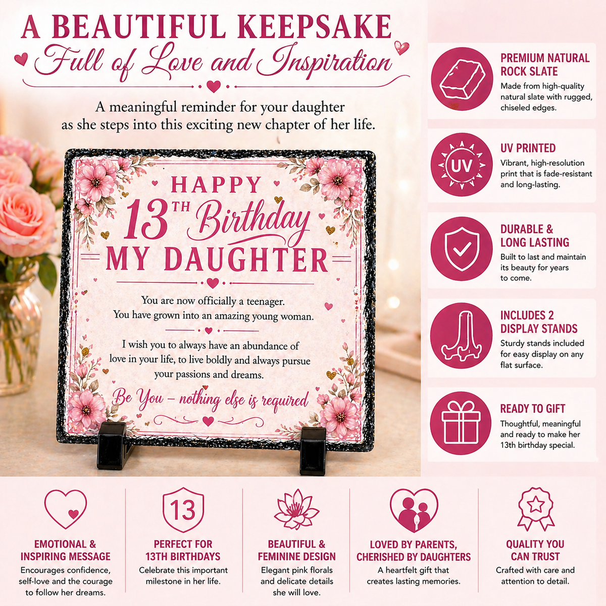 13th Birthday Gift for Daughter – Rock Slate Plaque 20cm x 20cm | Inspirational Teenage Gift for Girls | Meaningful Keepsake South Africa