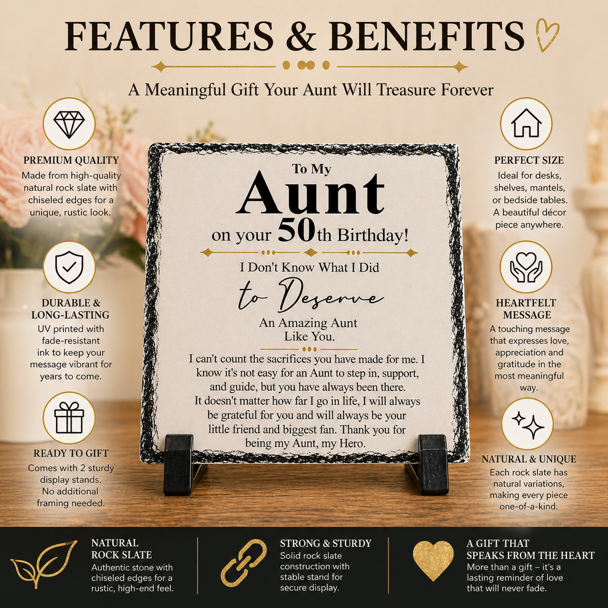 To My Aunt 50th Birthday Gift – Premium Rock Slate Plaque (20x20cm) | Meaningful Aunt Keepsake | Unique Birthday Gift South Africa