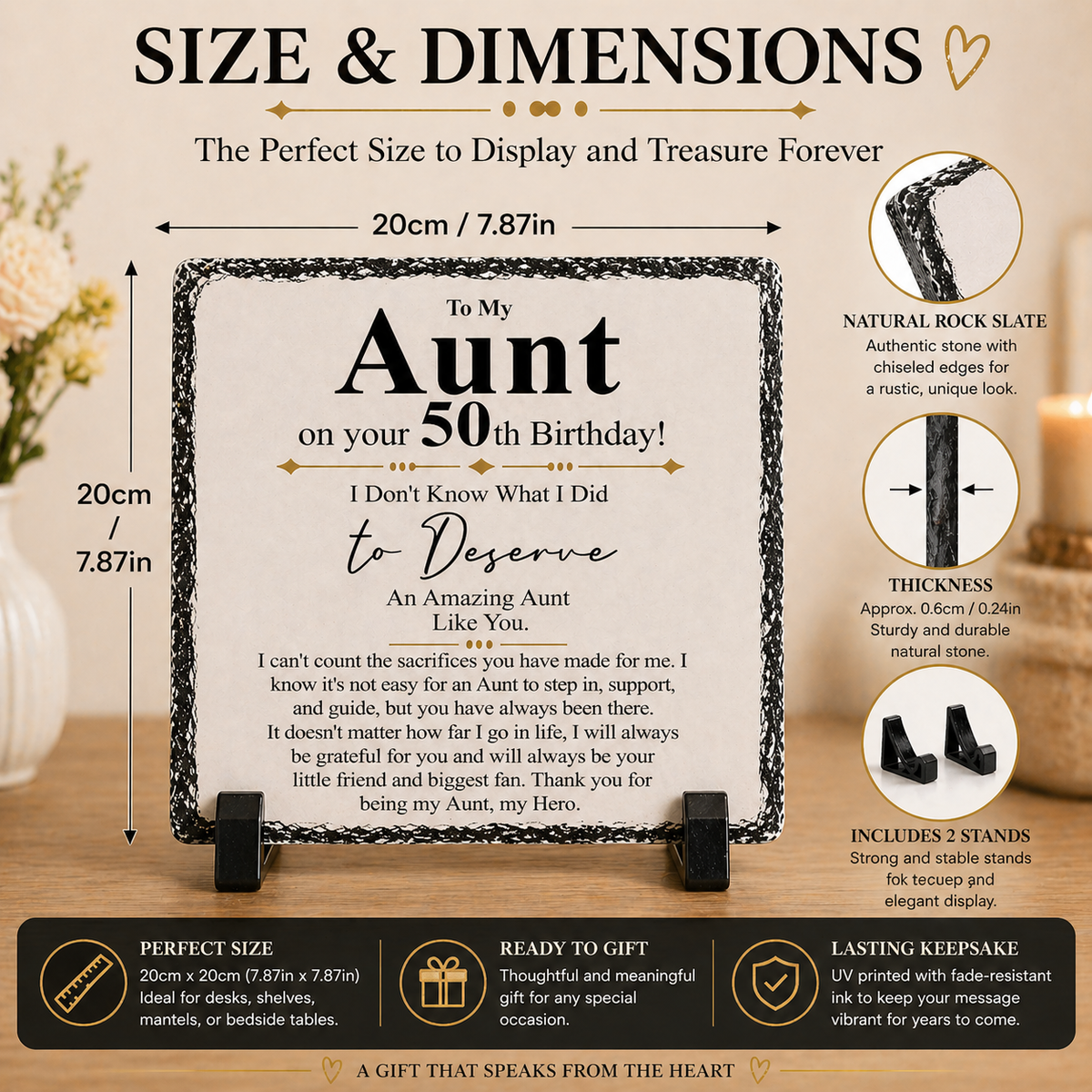 To My Aunt 50th Birthday Gift – Premium Rock Slate Plaque (20x20cm) | Meaningful Aunt Keepsake | Unique Birthday Gift South Africa