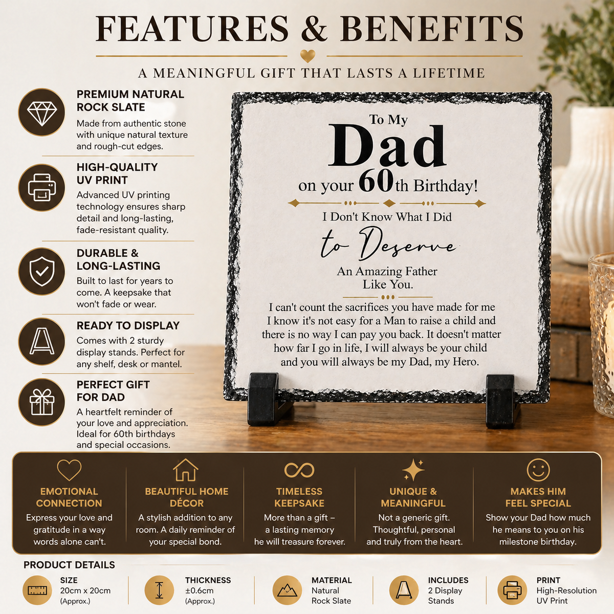 To My Dad 60th Birthday Gift – Rock Slate Plaque | Meaningful Keepsake for Dad | Unique Birthday Gift South Africa