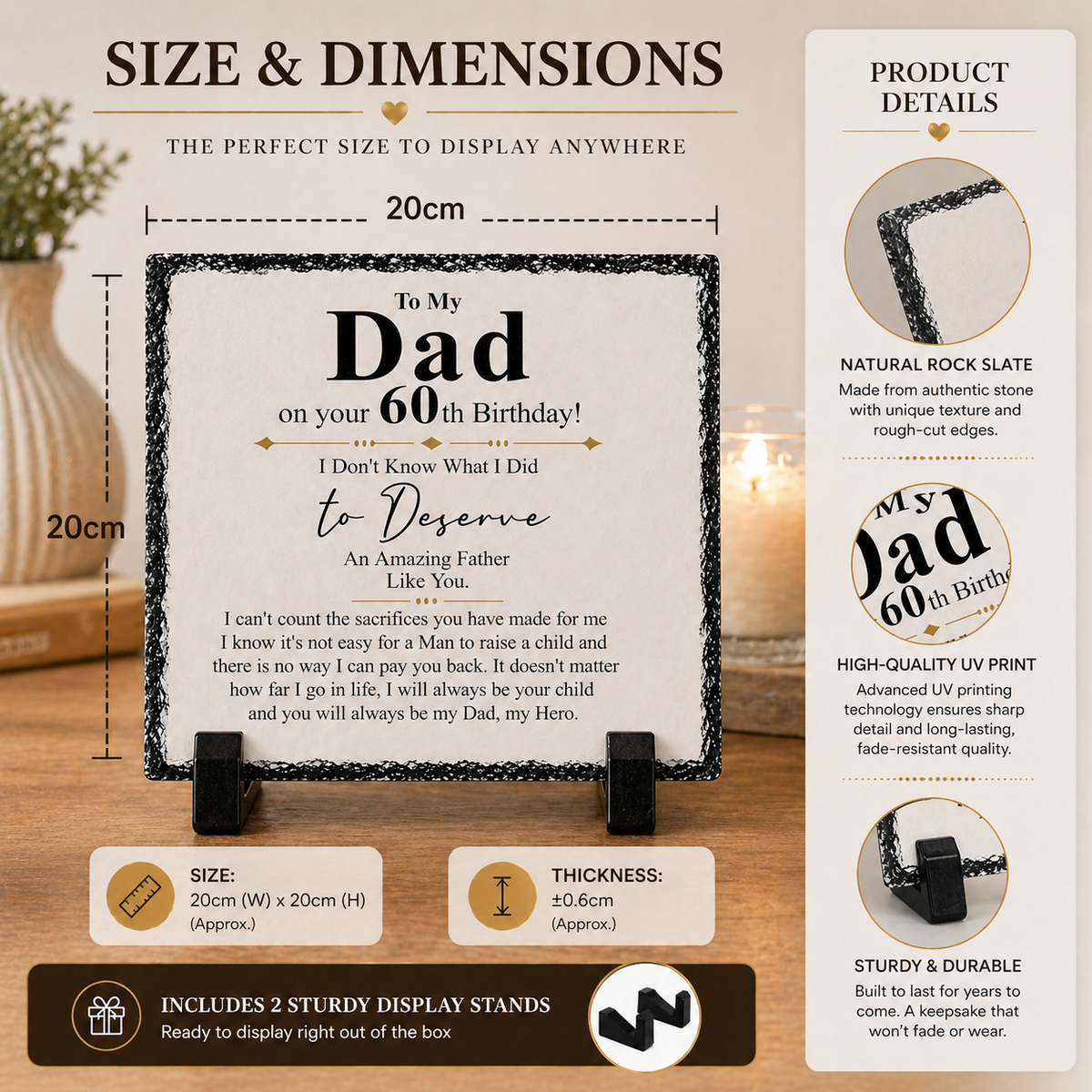To My Dad 60th Birthday Gift – Rock Slate Plaque | Meaningful Keepsake for Dad | Unique Birthday Gift South Africa