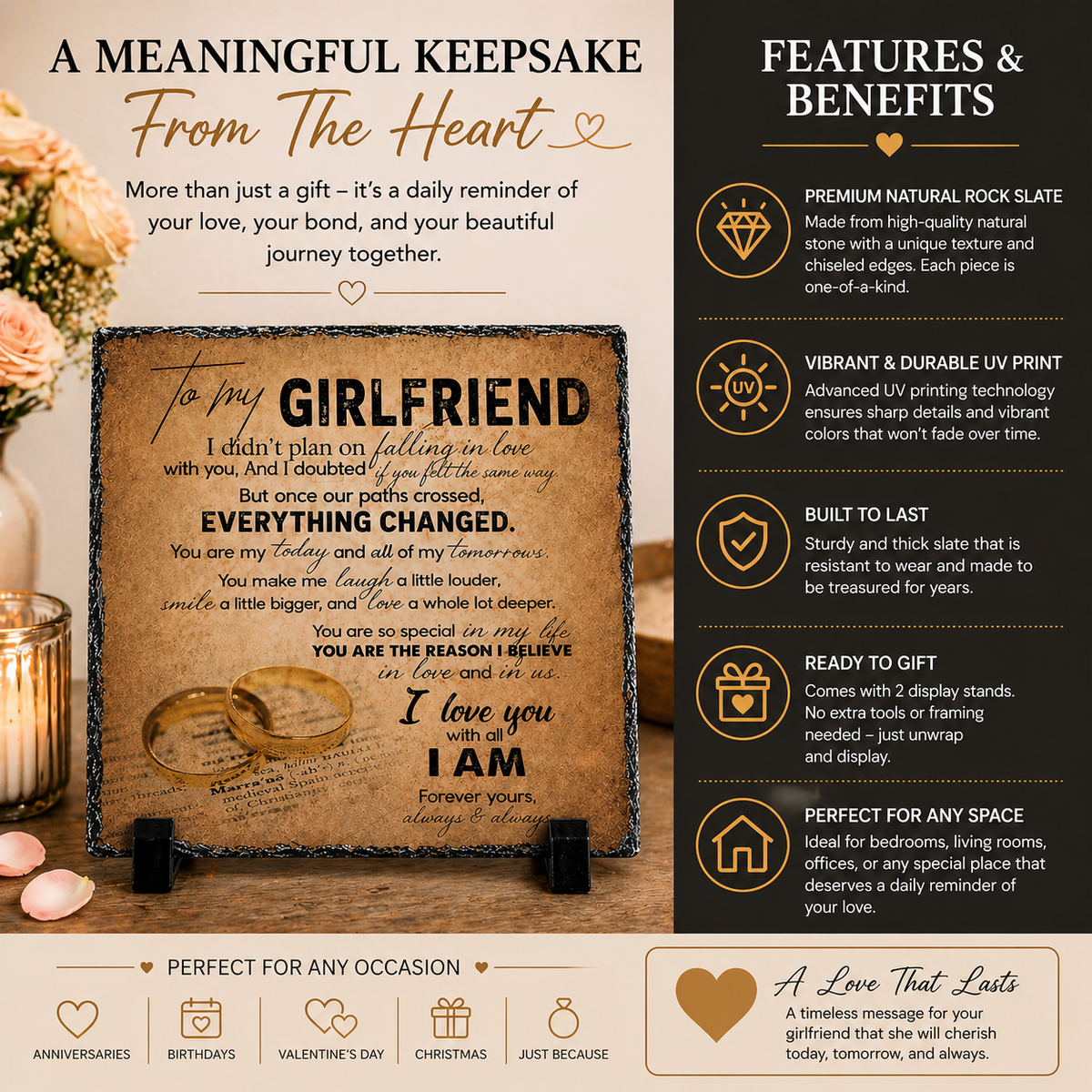 To My Girlfriend Rock Slate Gift – 20cm x 20cm Romantic Keepsake Plaque | Cute Love Gift for Girlfriend | Anniversary Birthday Gift South Africa