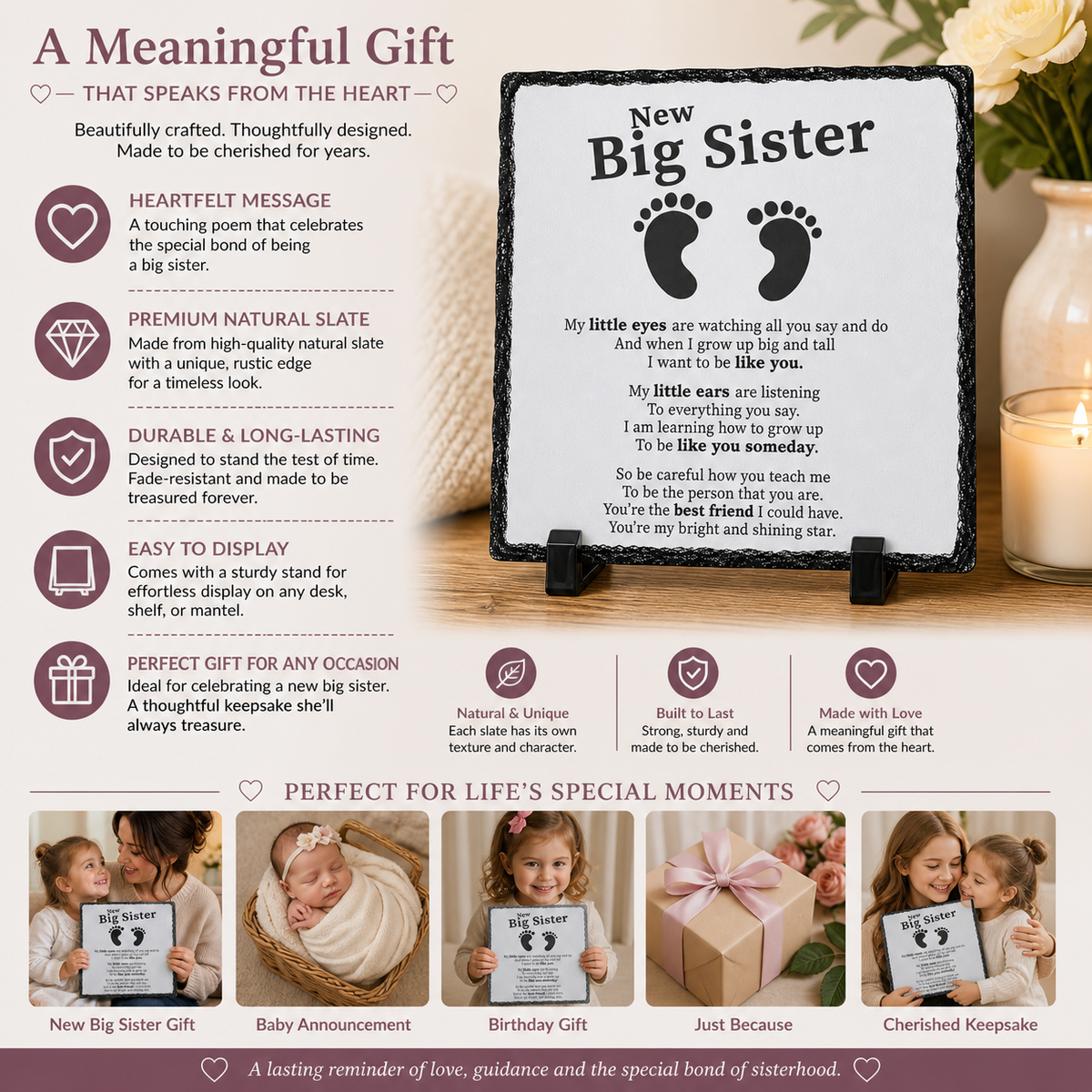 New Big Sister Rock Slate Gift – Baby Announcement Keepsake Plaque for Sister | Pregnancy Reveal Gift, Sibling Gift from Baby (20x20cm)