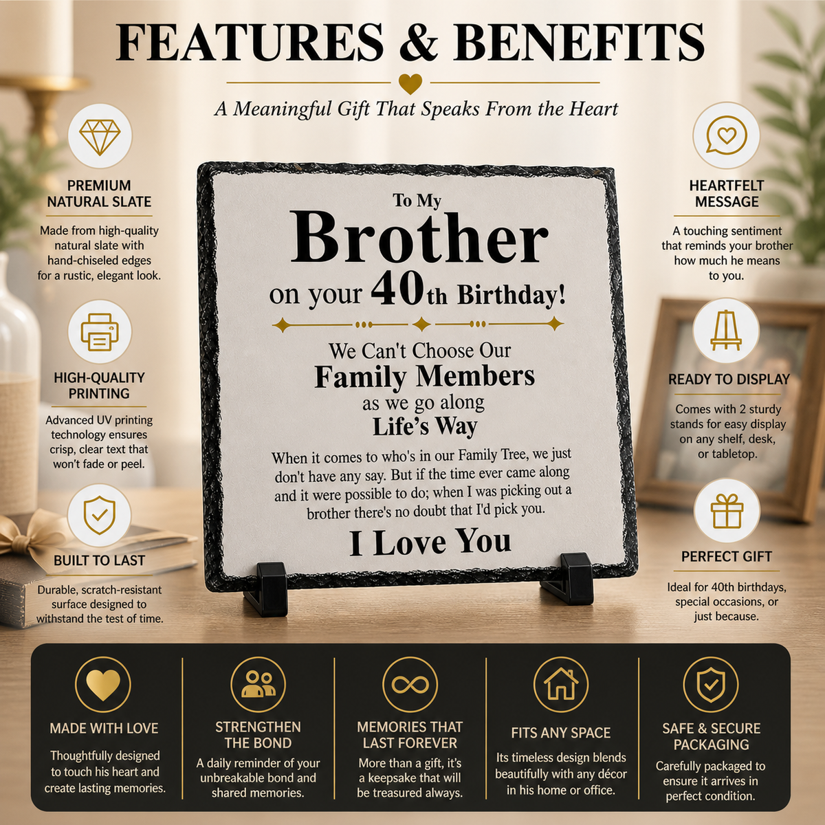 40th Birthday Gift for Brother – To My Brother Rock Slate Plaque | Sentimental Keepsake Gift for Him, Brother Birthday Gift (20x20cm)