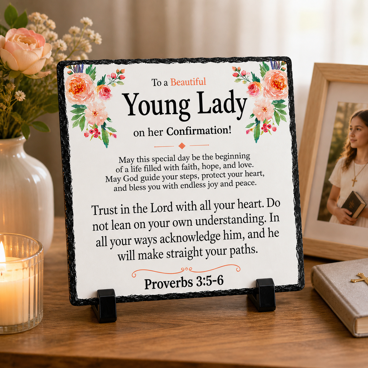 Confirmation Gift for Girl – Young Lady Rock Slate Plaque | Christian Confirmation Keepsake, Religious Gift for Her with Bible Verse (20x20cm)