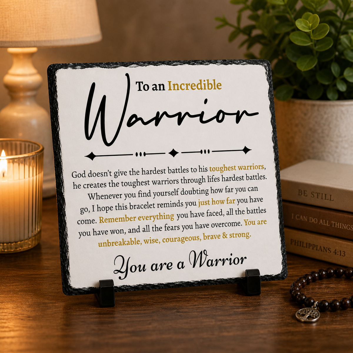 Inspirational Warrior Gift Rock Slate – You Are a Warrior Keepsake Plaque | Motivational Encouragement Gift for Her or Him, Faith-Based Gift (20x20cm)