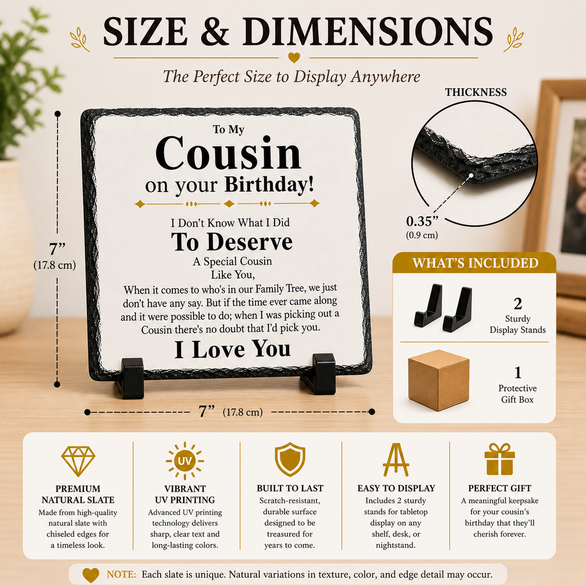 Birthday Gift for Cousin – To My Cousin Rock Slate Plaque | Sentimental Keepsake Gift for Him or Her, Cousin Birthday Present (20x20cm)