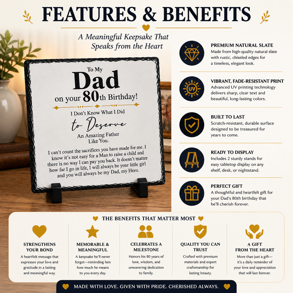 80th Birthday Gift for Dad – To My Dad Rock Slate Plaque | Sentimental Keepsake Gift for Father, 80th Birthday Present from Daughter (20x20cm)