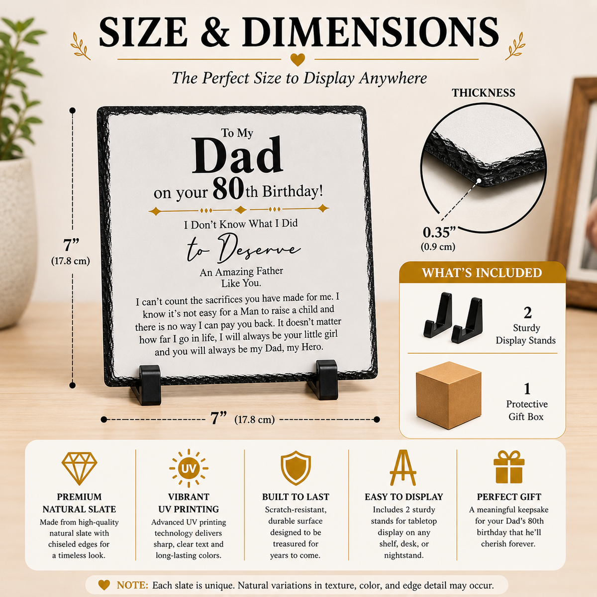 80th Birthday Gift for Dad – To My Dad Rock Slate Plaque | Sentimental Keepsake Gift for Father, 80th Birthday Present from Daughter (20x20cm)