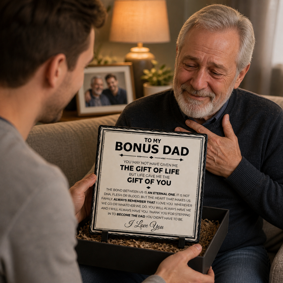 Bonus Dad Gift Rock Slate Plaque – Stepfather Keepsake Gift | Sentimental Gift for Stepdad, Thank You Gift from Daughter or Son (20x20cm)