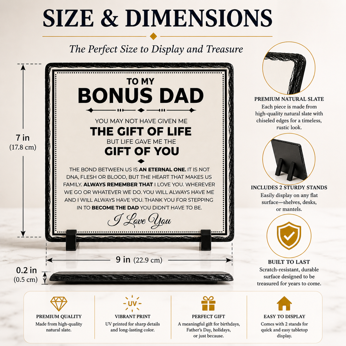 Bonus Dad Gift Rock Slate Plaque – Stepfather Keepsake Gift | Sentimental Gift for Stepdad, Thank You Gift from Daughter or Son (20x20cm)