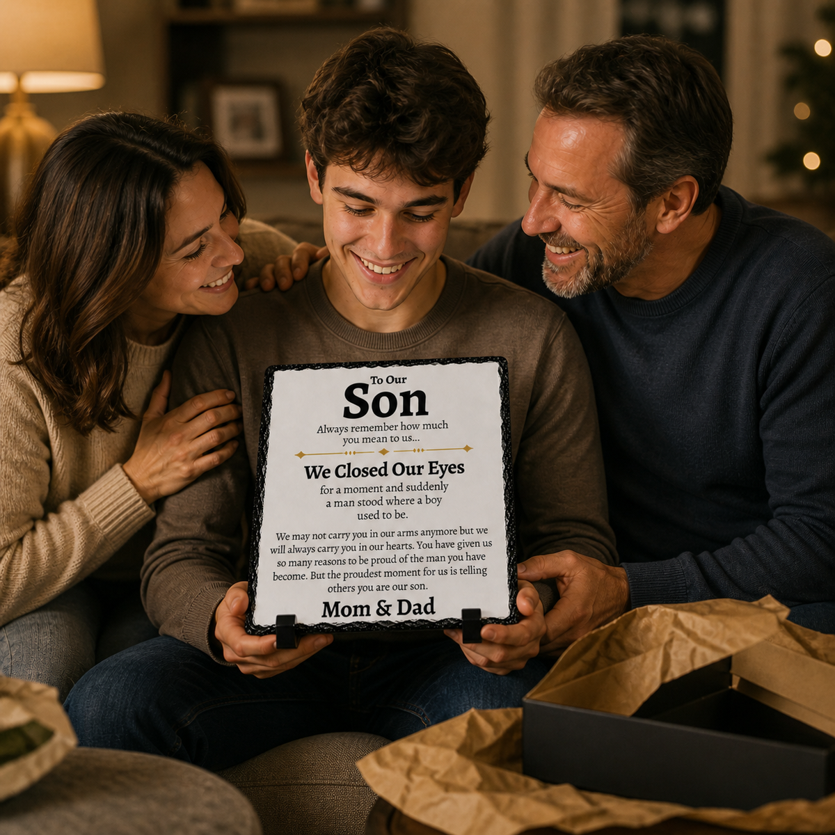 To Our Son Gift from Mom & Dad – Emotional Rock Slate Plaque | Birthday Gift for Son, Proud of You Son Keepsake, Sentimental Gift for Adult Son (20x20cm)