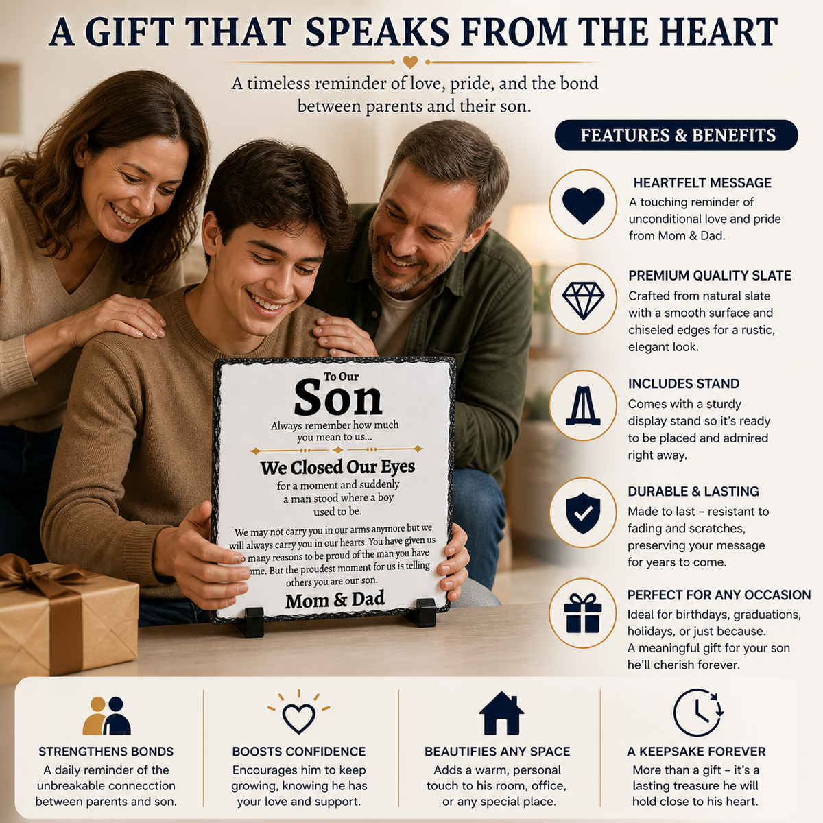 To Our Son Gift from Mom & Dad – Emotional Rock Slate Plaque | Birthday Gift for Son, Proud of You Son Keepsake, Sentimental Gift for Adult Son (20x20cm)