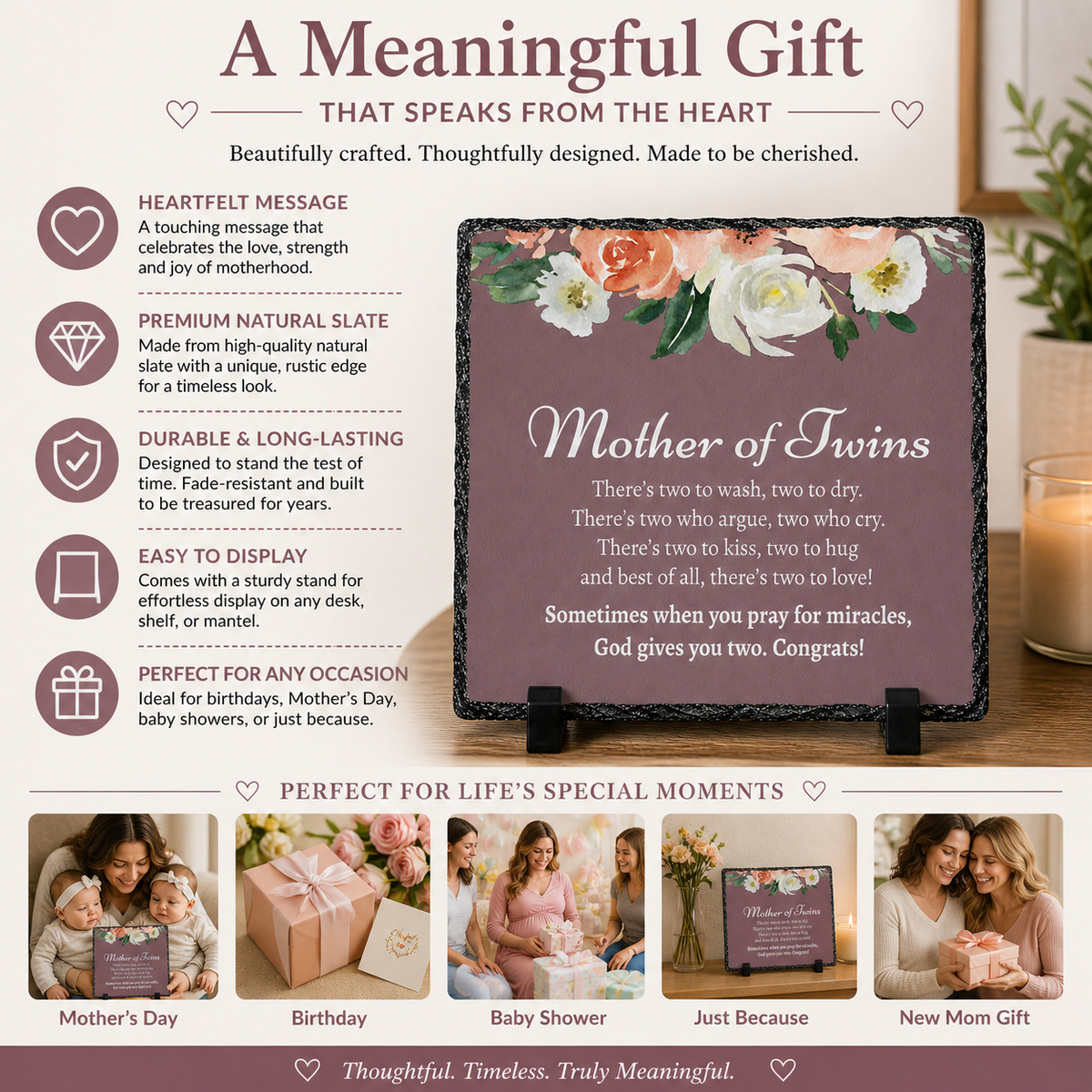 Mother of Twins Rock Slate Gift – Sentimental Twin Mom Keepsake Plaque | Unique Gift for New Mom of Twins, Baby Shower, Mother’s Day (20x20cm)