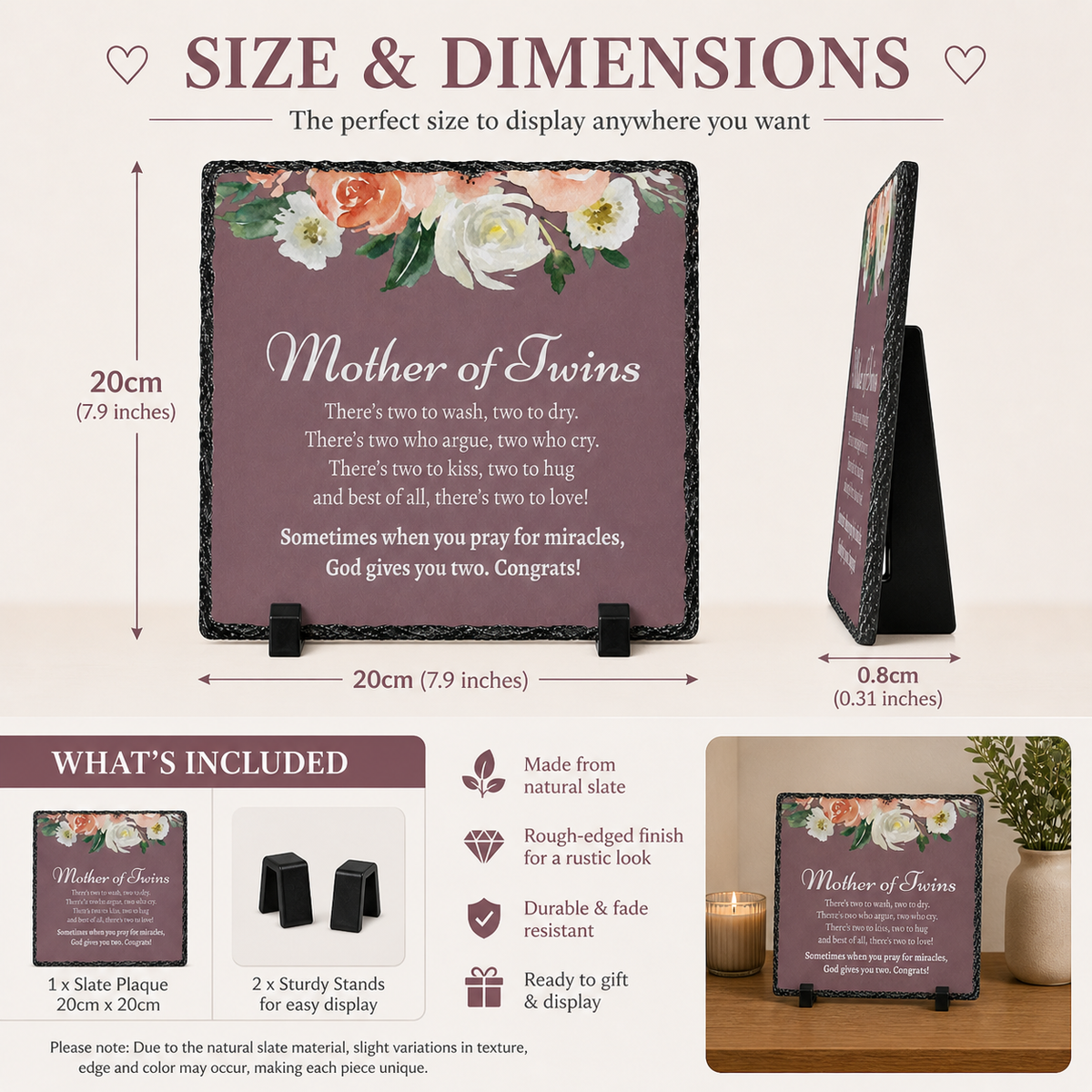 Mother of Twins Rock Slate Gift – Sentimental Twin Mom Keepsake Plaque | Unique Gift for New Mom of Twins, Baby Shower, Mother’s Day (20x20cm)