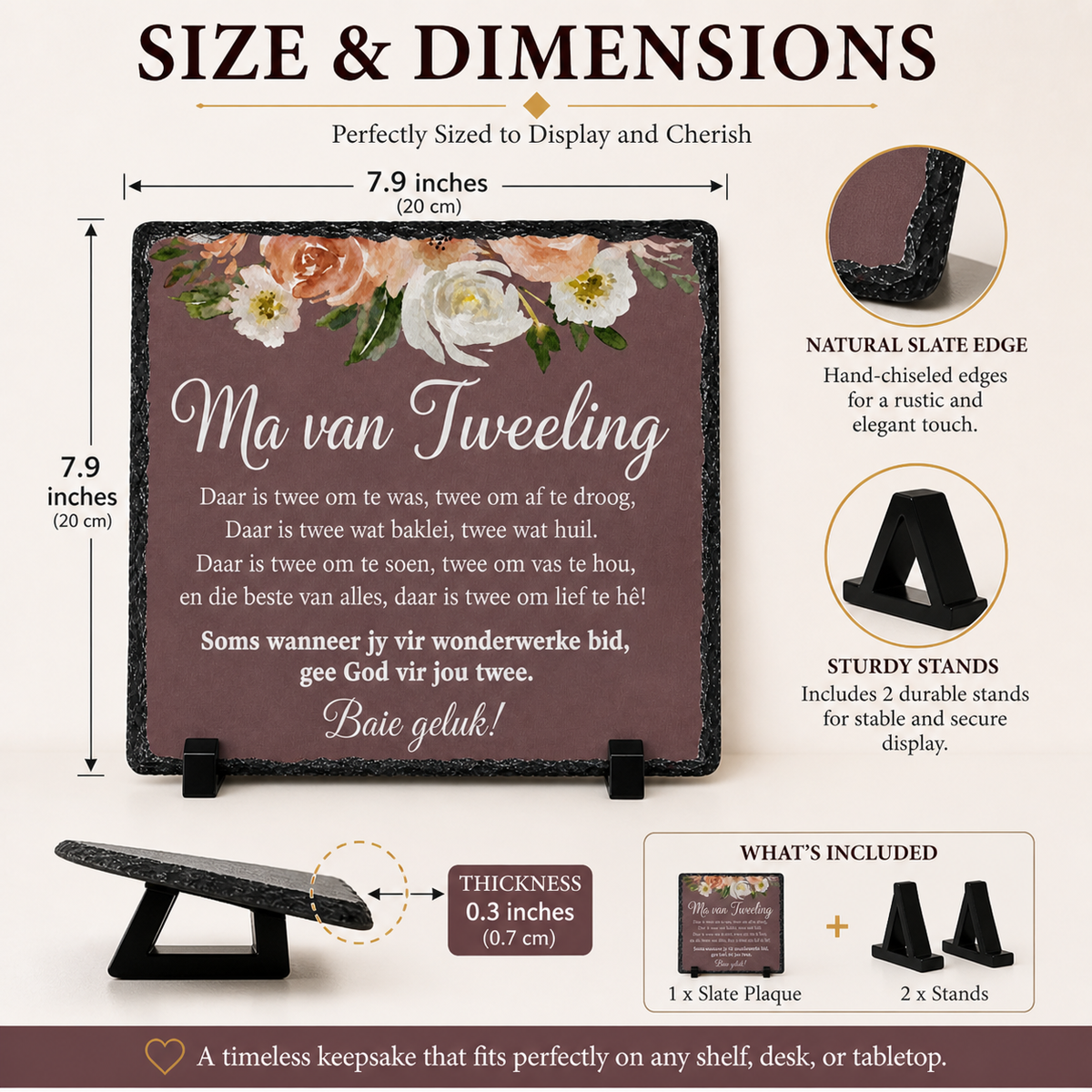 Ma van Tweeling Geskenk – Afrikaans Tweeling Mamma Rock Slate Plaque | Baby Shower Gift, Nuwe Mamma Geskenk, Sentimentele Tweeling Keepsake (20x20cm)