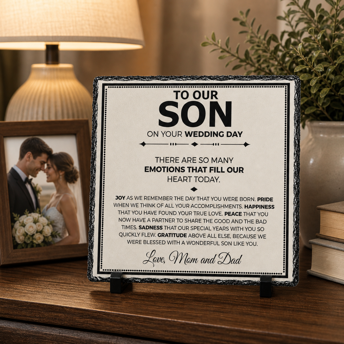 To Our Son Wedding Day Gift – From Mom and Dad Rock Slate Plaque | Sentimental Wedding Gift for Son, Parents to Groom Keepsake (20x20cm)