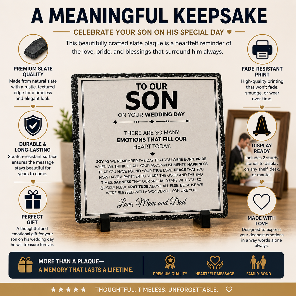 To Our Son Wedding Day Gift – From Mom and Dad Rock Slate Plaque | Sentimental Wedding Gift for Son, Parents to Groom Keepsake (20x20cm)