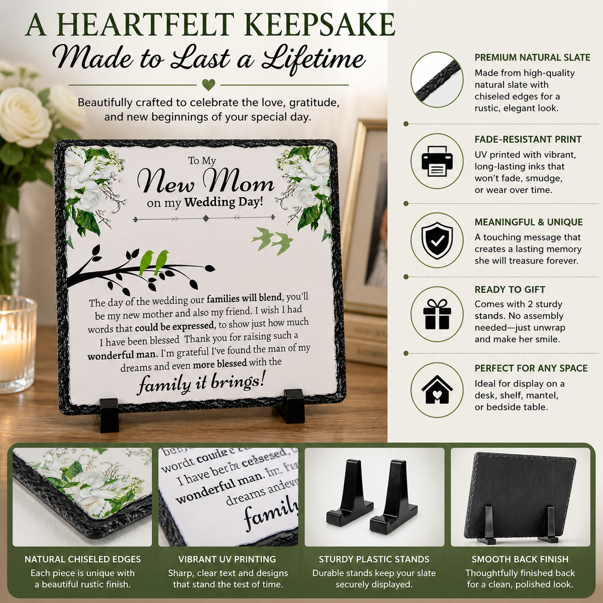 To My New Mom Wedding Gift – From Bride Rock Slate Plaque | Mother-in-Law Wedding Day Gift, Bonus Mom Keepsake (20x20cm)