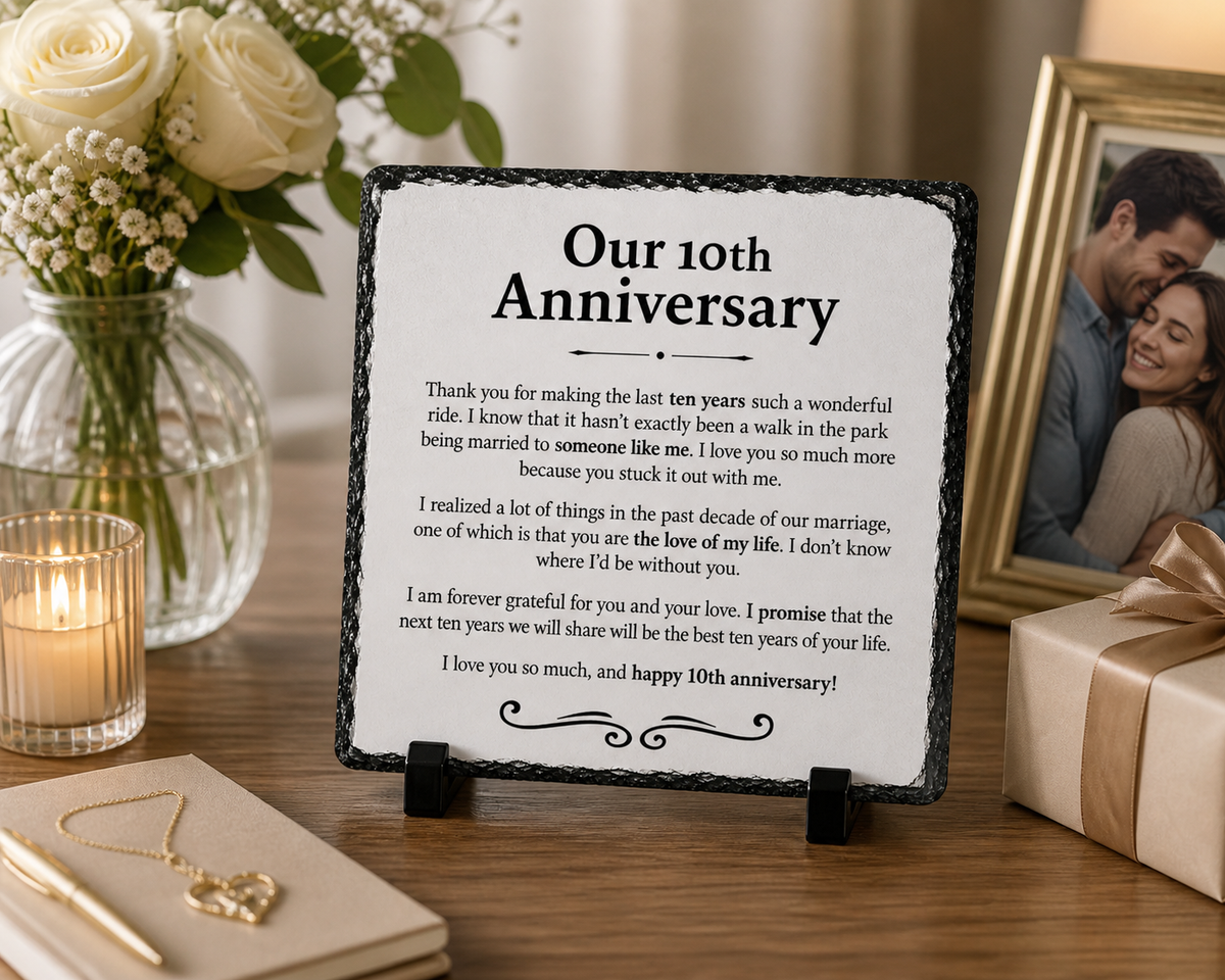 10th Wedding Anniversary Gift for Wife or Husband – Romantic Rock Slate Plaque | 10 Year Marriage Keepsake Gift for Couples (20x20cm)