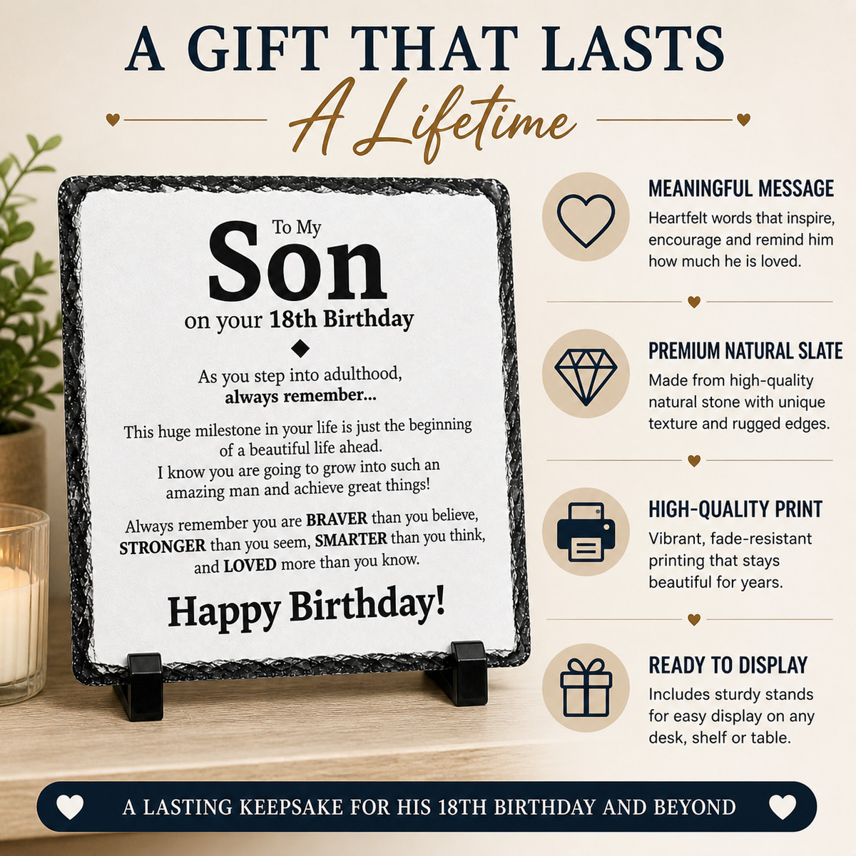 18th Birthday Gift for Son – Inspirational Rock Slate Plaque | Meaningful 18th Birthday Keepsake for Son (20x20cm)